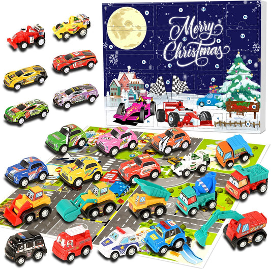 iZoeL Cars Advent Calendar for Kids Boys 2022 Christmas, 24 Mini Pull Back Vehicles Racing Car Construction Vehicles Fire Truck Countdown Days to Christmas for Son Grandson Girls