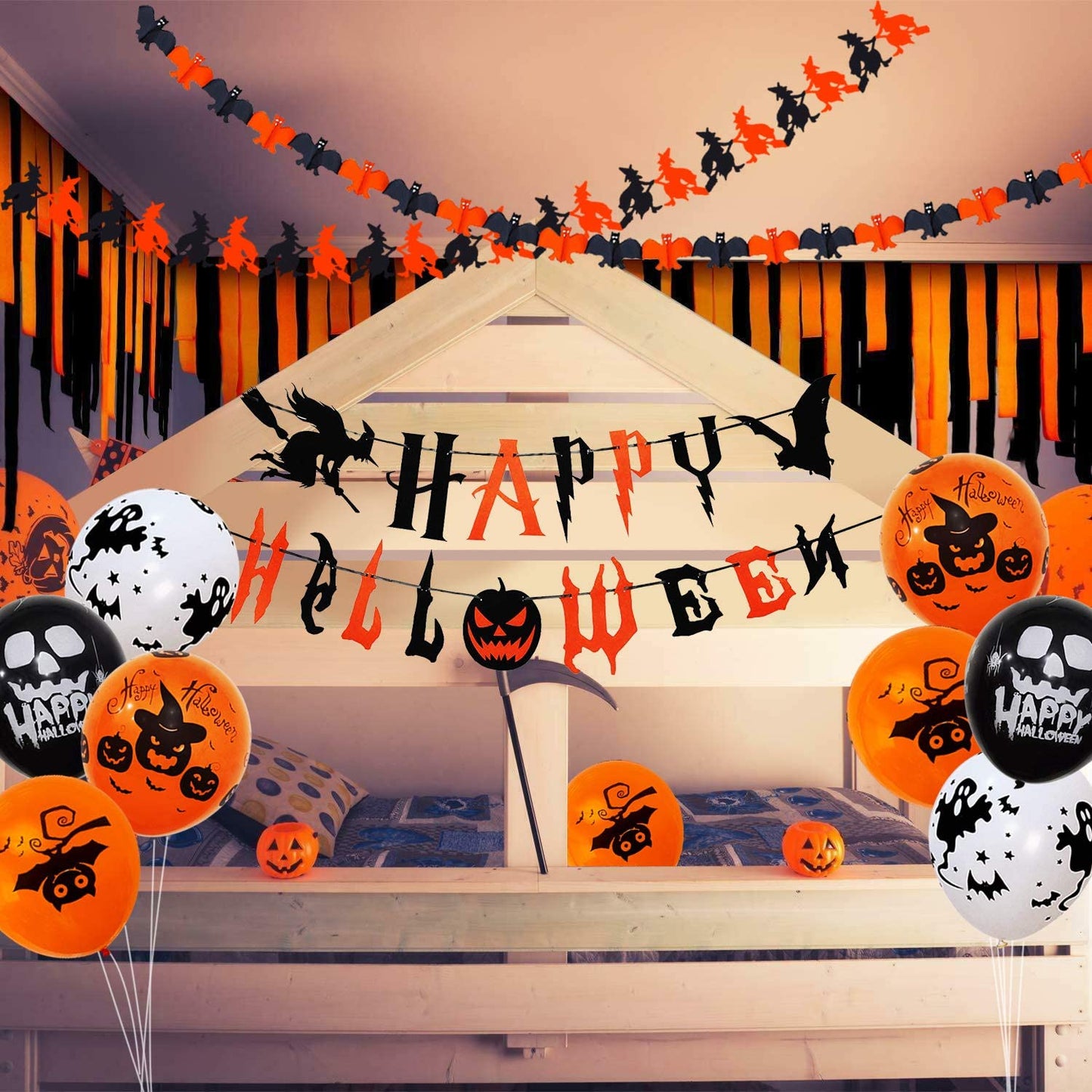 iZoeL Ghost Halloween Decoration Balloon Set, Floating Ghost Flying Bat Happy Halloween Banner Scary Balloons, Halloween Night Party Ideas for Outdoor Indoor Yard Haunted House Props (Red)