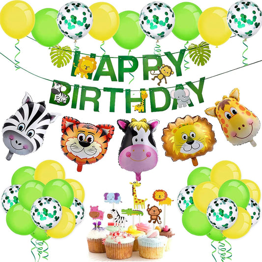 iZoeL Jungle Animals Birthday Party Decorations for Boys Kids Girls, Happy Birthday Banner Animal Balloon Latex Balloons Animal Cake Toppers for 1st 2nd 3rd 4th 5th 6th 7th Jungle Themed Party