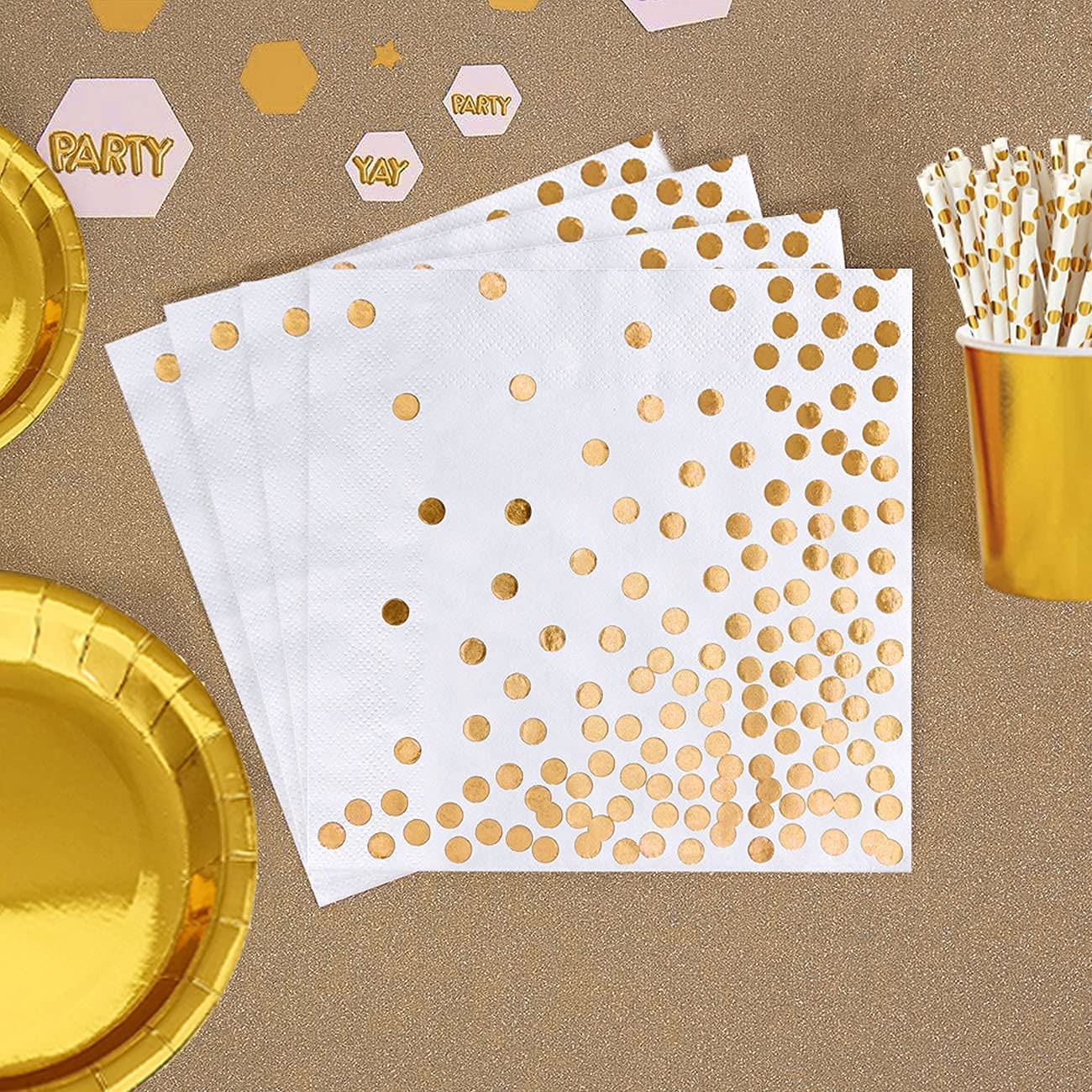 iZoeL Gold Party Decorations Supplies for 16Guests Tableware Bunting Curtain Tablecloth Plates Napkins Cups Straws Balloon Birthday Wedding Hen Party Anniversary