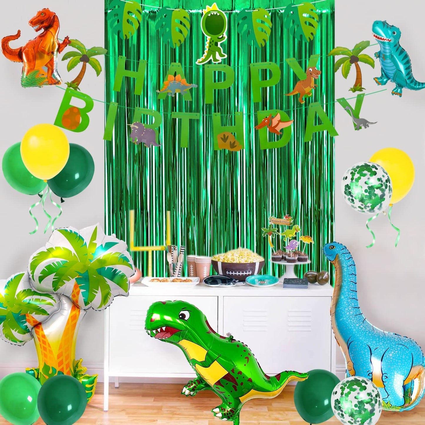 iZoeL Dinosaur Birthday Decorations for Boys, 36.6inch Dinosaur Coconut Tree Balloons, Happy Birthday Banners, Green Curtain, Birthday Hat, Cake Topper, Tattoo Stickers, Dinosaur Party Supplies