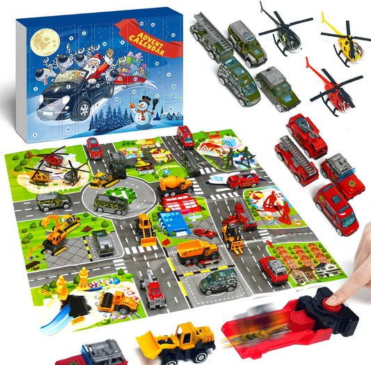iZoeL Alloy Cars Advent Calendar for Kids Boys 2021, Launcher with 24 Construction Truck Fire Car Military Vehicles Helicopter, 24 Countdown Days for Son Grandson Girls