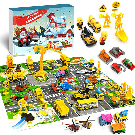 iZoeL Cars Advent Calendar Boy Kids 2021, 24 Pull Back Vehicles as Construction Vehicles School Cars Crane with Game Map for Son Grandson - 24 Christmas Countdown Days to Holiday, Xmas Surprise Gift