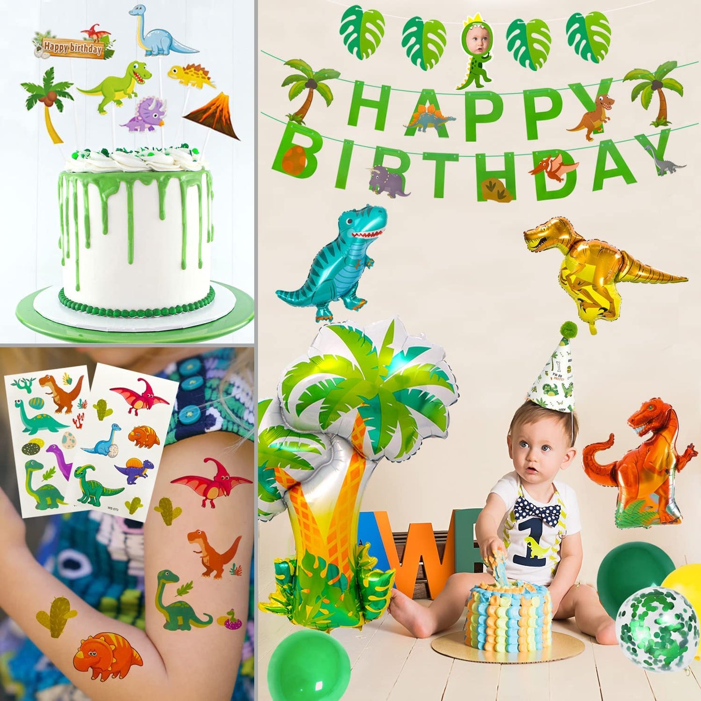 iZoeL Dinosaur Birthday Decorations for Boys, 36.6inch Dinosaur Coconut Tree Balloons, Happy Birthday Banners, Green Curtain, Birthday Hat, Cake Topper, Tattoo Stickers, Dinosaur Party Supplies
