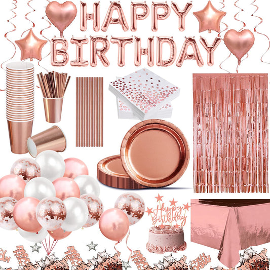 iZoeL 30 Guests Rose Gold Party Tableware and Rose Gold Birthday Balloons for Birthday Anniversary
