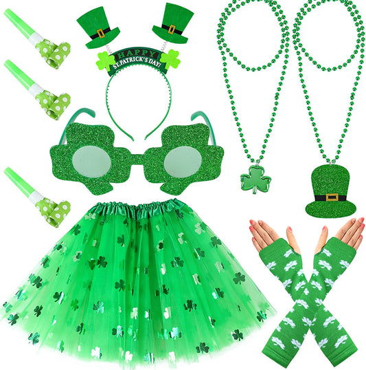 iZoeL St Patricks Day Accessories Women Girls Kids Shamrock Tutu Skirt Headband Glasses Necklaces Gloves for Irish Fancy Dress Leprechaun Costume Outfits