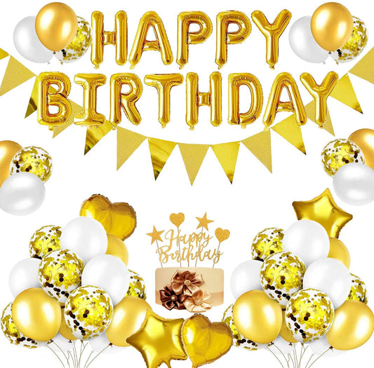 iZoeL Gold Birthday Party Decoration Happy Birthday Banner Balloon Gold Triangle Flag Bunting Heart Star Confetti Balloons Cake Toppers Birthday Party Supplies for Man Woman Wedding Anniversary