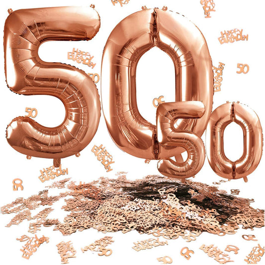 iZoeL Number 18/21/30/40/50/80 helium incl.4pcs XXL and Small Rose Gold balloon, 30g 50 Number Confetti,20g Happy Birthday Table Confetti, Birthday Anniversary Party Decoration(Rose Gold 50)