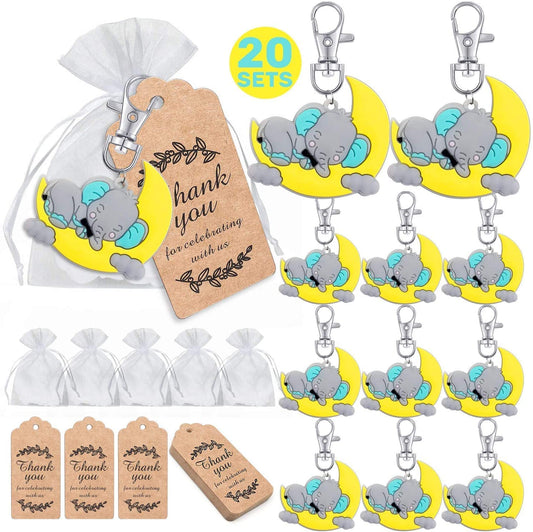 iZoeL 20 Pcs Baby Shower Return Favors for Guests, Blue Sleeping Baby Elephant Keychains + Organza Bags + Thank You Kraft Tags for Elephant Theme Party Favors, Boys Kids Party Supplies
