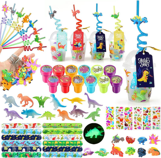 iZoeL Dinosaur Party Favors Personalize Goody Cups with Gift Tags, Filled with Dinosaur Themed Reusable Straws Stampers Luminous Dinos Figure Slap Bracelets Keychains Rings 3D Stickers