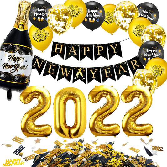 iZoeL Happy New Year Decorations 2022 XXL, Black Gold Happy New Year Banner, 32'' 2022 Numbers, Bottle Champagne Balloons, 2022 Confettis