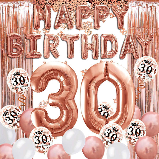 iZoeL 30th Rose Gold Birthday Party Decoration, Happy Birthday Banner, Helium Number 30 XXL, 2 Rose Gold Fringe Curtain, Latex Confetti Balloon, Table Confetti Girl Women Anniversary