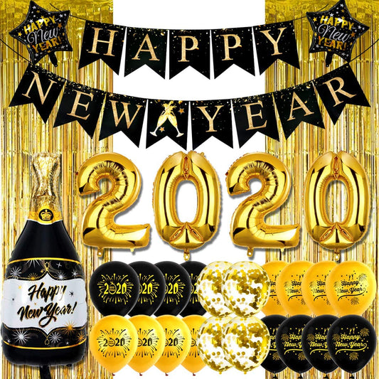 iZoeL Happy New Year Balloon 2021 XXXL Set, Black Gold Happy New Year Banner, Gold Fringe Curtain, Foil Helium Confetti Balloons Number Star Bottle Champagne for New Year's Eve Party Decoration