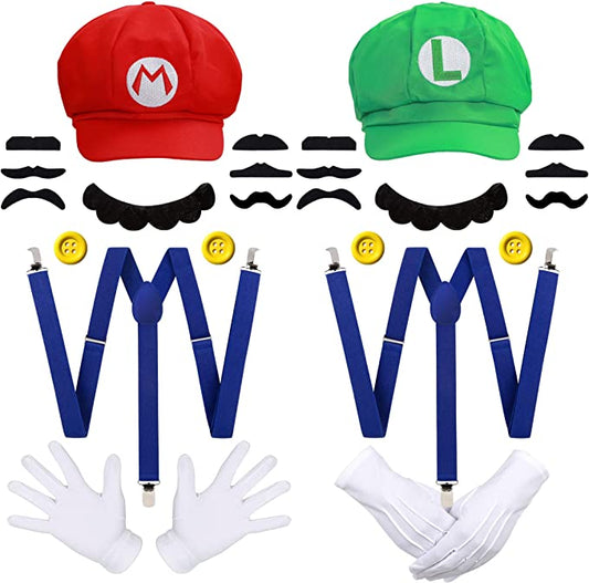 iZoeL Super Mario Bros Mario and Luigi Hats Caps Mustaches Gloves Buttons Suspenders Cosplay Costume for Halloween Costumes Women Men Kid Halloween Outfits Carnival Costume