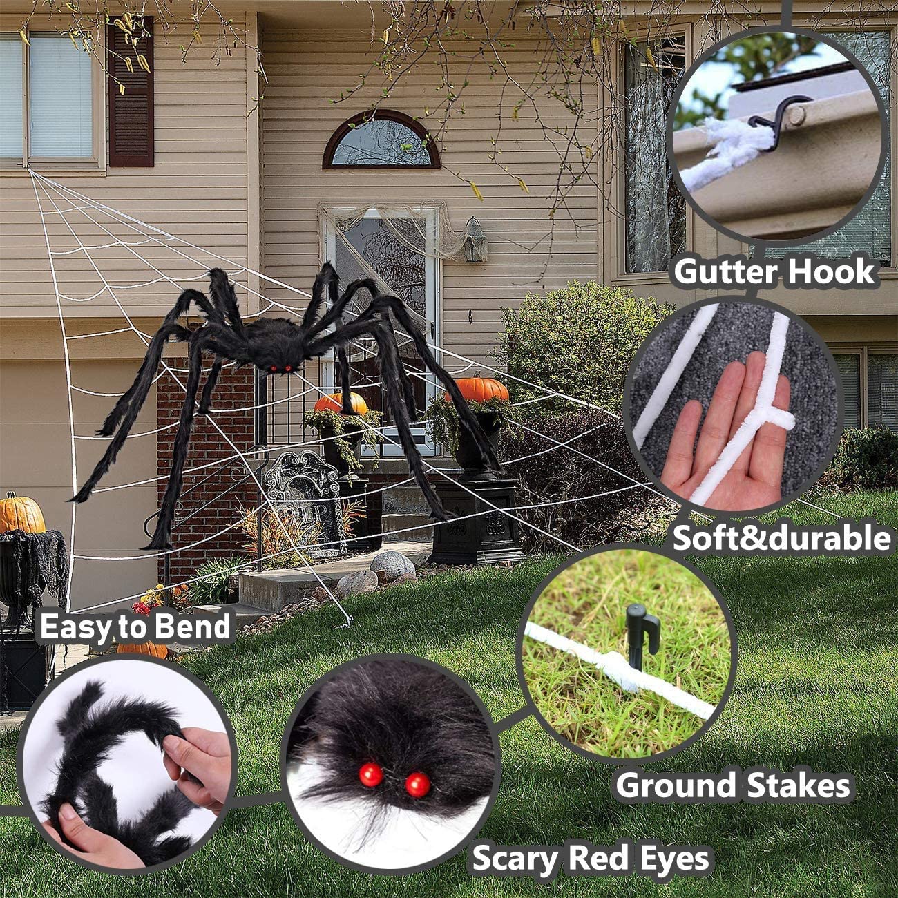 iZoeL Giant Spider 6.6ft - 200cm, Spider Web 23ft - 700cm, 30pcs Plastic Spiders, 30g Cobweb - Halloween Decorations Triangular Cobweb for Indoor Outdoor Home Yard Haunted House (Black, 200)