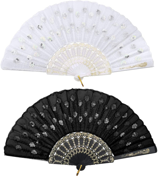 iZoeL Lace Folding Fans Handheld Folding Fans 2pcs Black and White Sequins Fan Women's Hand Held Holding Fans for Wedding Birthday Party Decoration Idea Gifts Dancing Prop Embellishing Walls