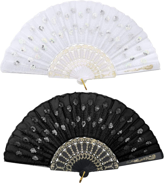 iZoeL Lace Folding Fans Handheld Folding Fans 2pcs Black and White Sequins Fan Women's Hand Held Holding Fans for Wedding Birthday Party Decoration Idea Gifts Dancing Prop Embellishing Walls
