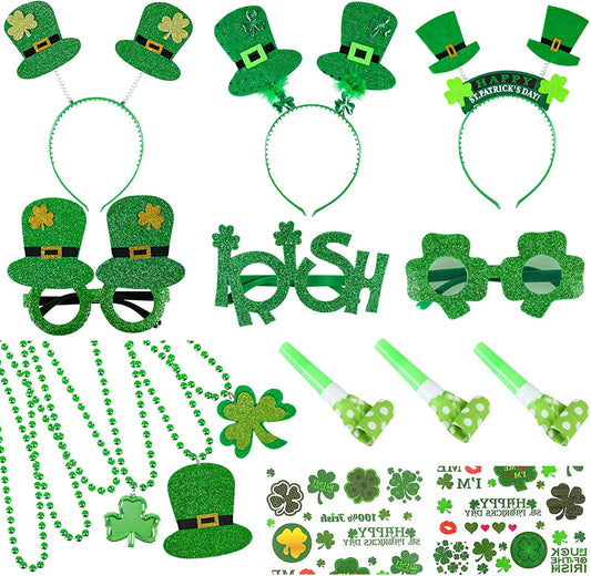 iZoeL St Patricks Day Accessories Women Girls Kids St Patricks Day Headband Shamrock Glasses Necklaces - Irish Fancy Dress Leprechaun Costume Outfits kids