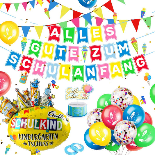 iZoeL Decorative First Day of School Boy Bunting "Alles Gute zum Schulanfang" Banner Foil Balloon Cake Decoration School Cone Craft Set Confetti Girls